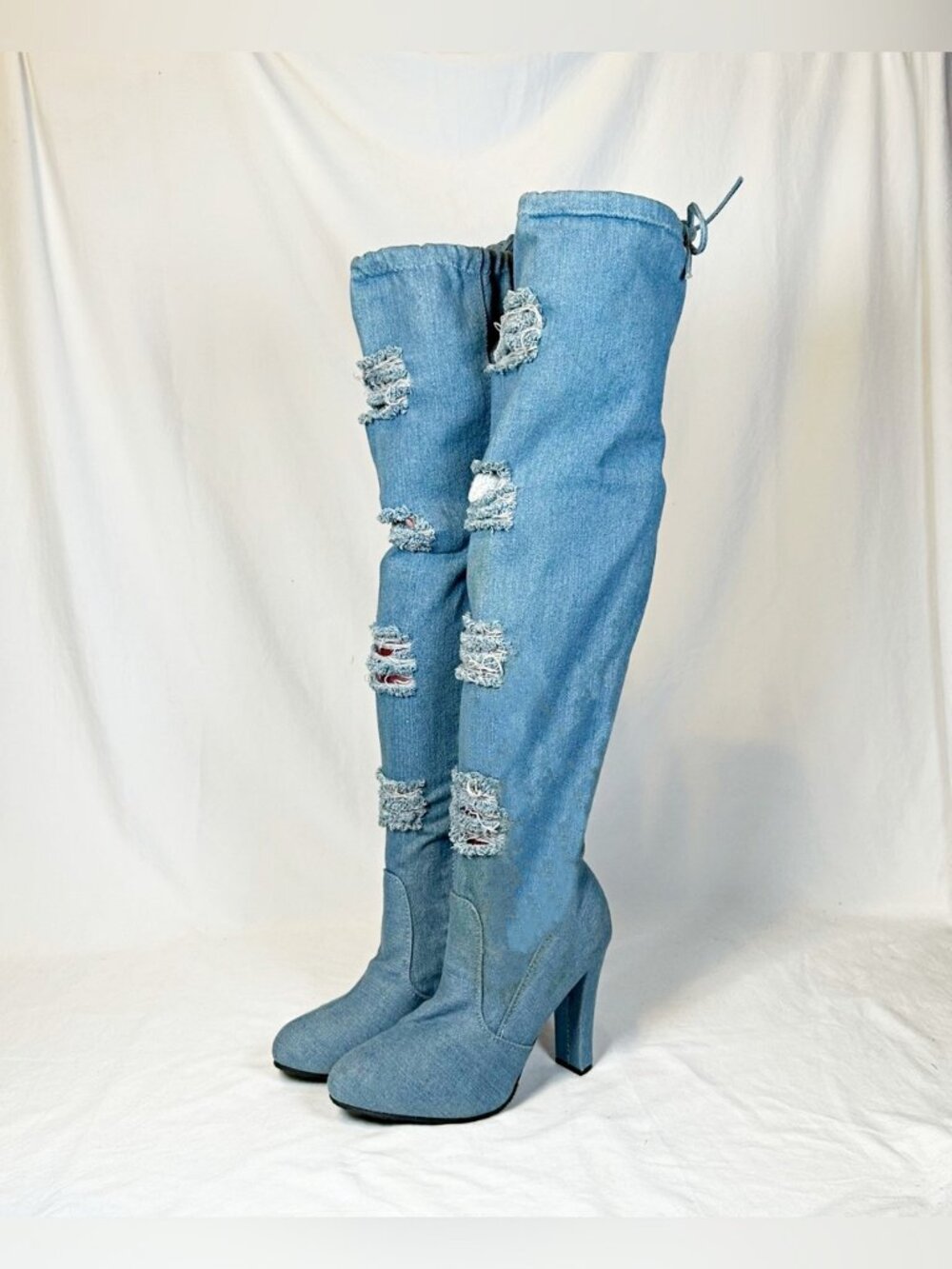 Ami Clubwear Tall Distressed Denim Thigh High High Heel Boots~7.5~